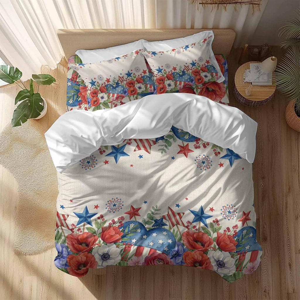Independence Day Duvet Cover Set Queen Size 4 Pieces Blue Red White Floral Flower Love Heart Retro Bedding Set with Zipper Closure, 1 Comforter Cover 92x106 Inches 1 Flat Sheet & 2 Pillow Cases