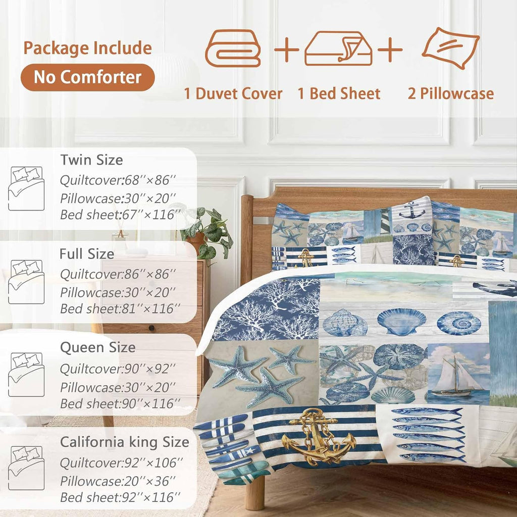 Summer Nautical Duvet Cover Set Queen Size 4 Pieces Blue Starfish Shells Anchor Boat Patchwork Bedding Set with Zipper Closure, 1 Comforter Cover 92x106 Inches 1 Flat Sheet & 2 Pillow Cases