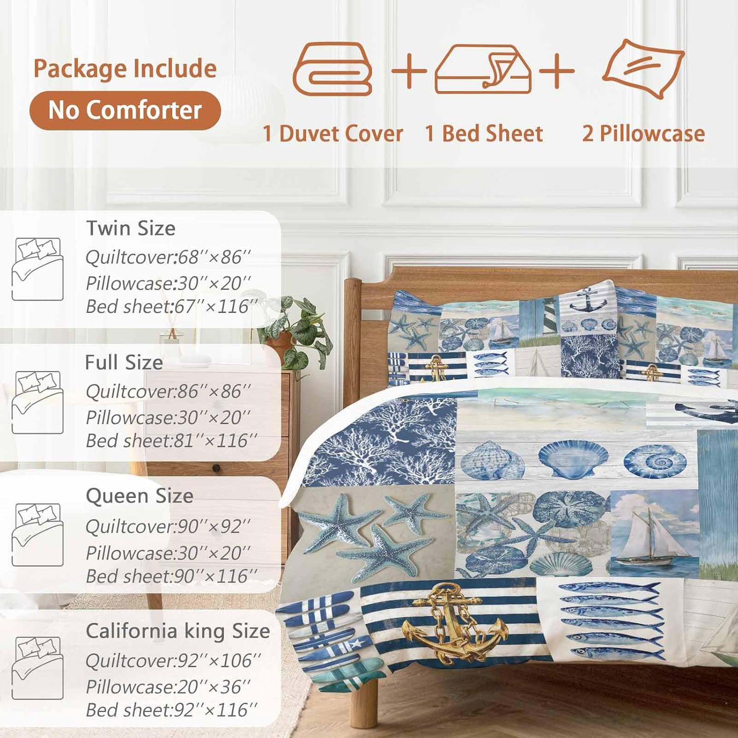 Summer Nautical Duvet Cover Set Queen Size 4 Pieces Blue Starfish Shells Anchor Boat Patchwork Bedding Set with Zipper Closure, 1 Comforter Cover 92x106 Inches 1 Flat Sheet & 2 Pillow Cases