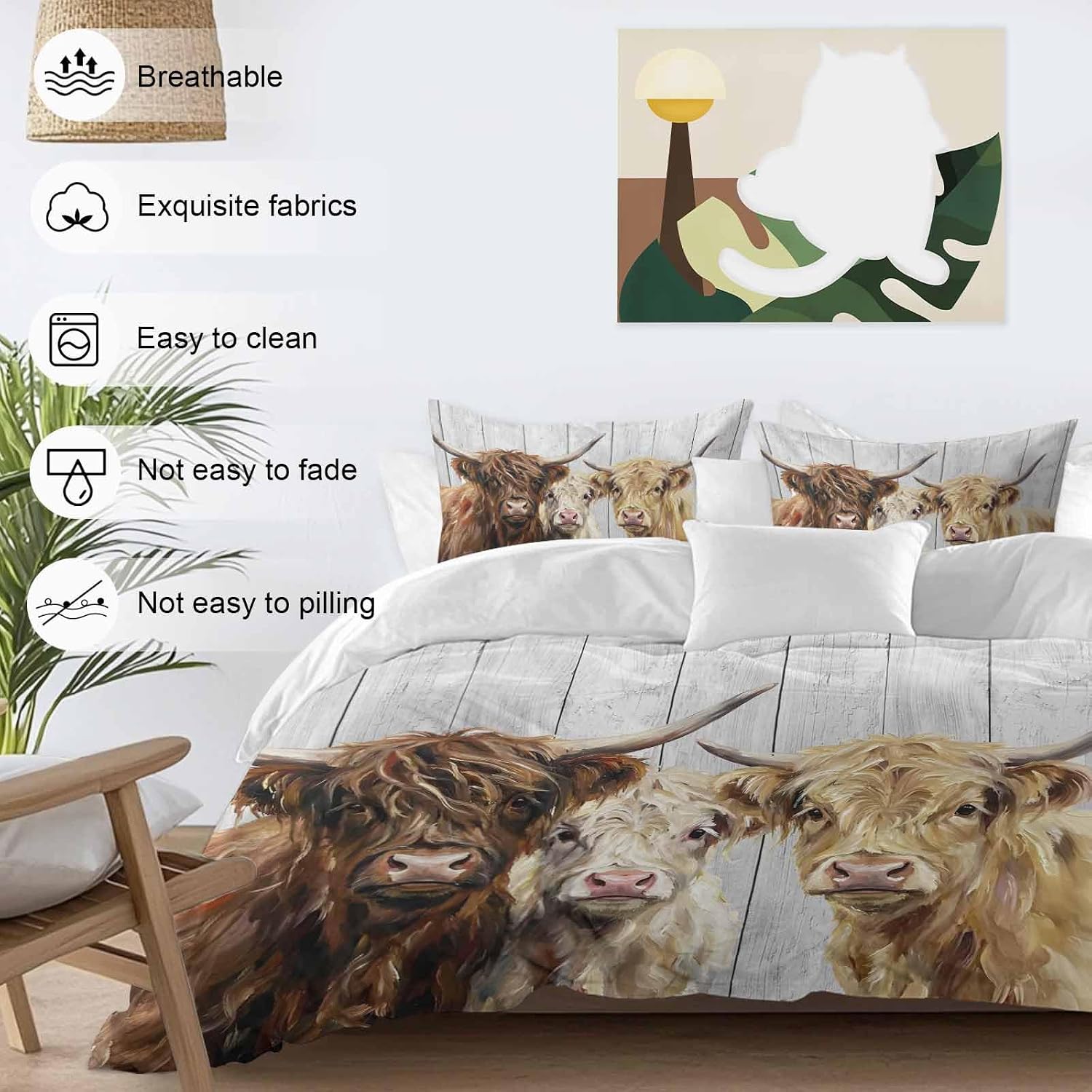 Farm Highland Cattles Duvet Cover Set Queen Size 4 Pieces Farmhouse Brown Cow Country Gray Wood Grain Bedding Set with Zipper Closure, 1 Comforter Cover 92x106 Inches 1 Flat Sheet & 2 Pillow Cases