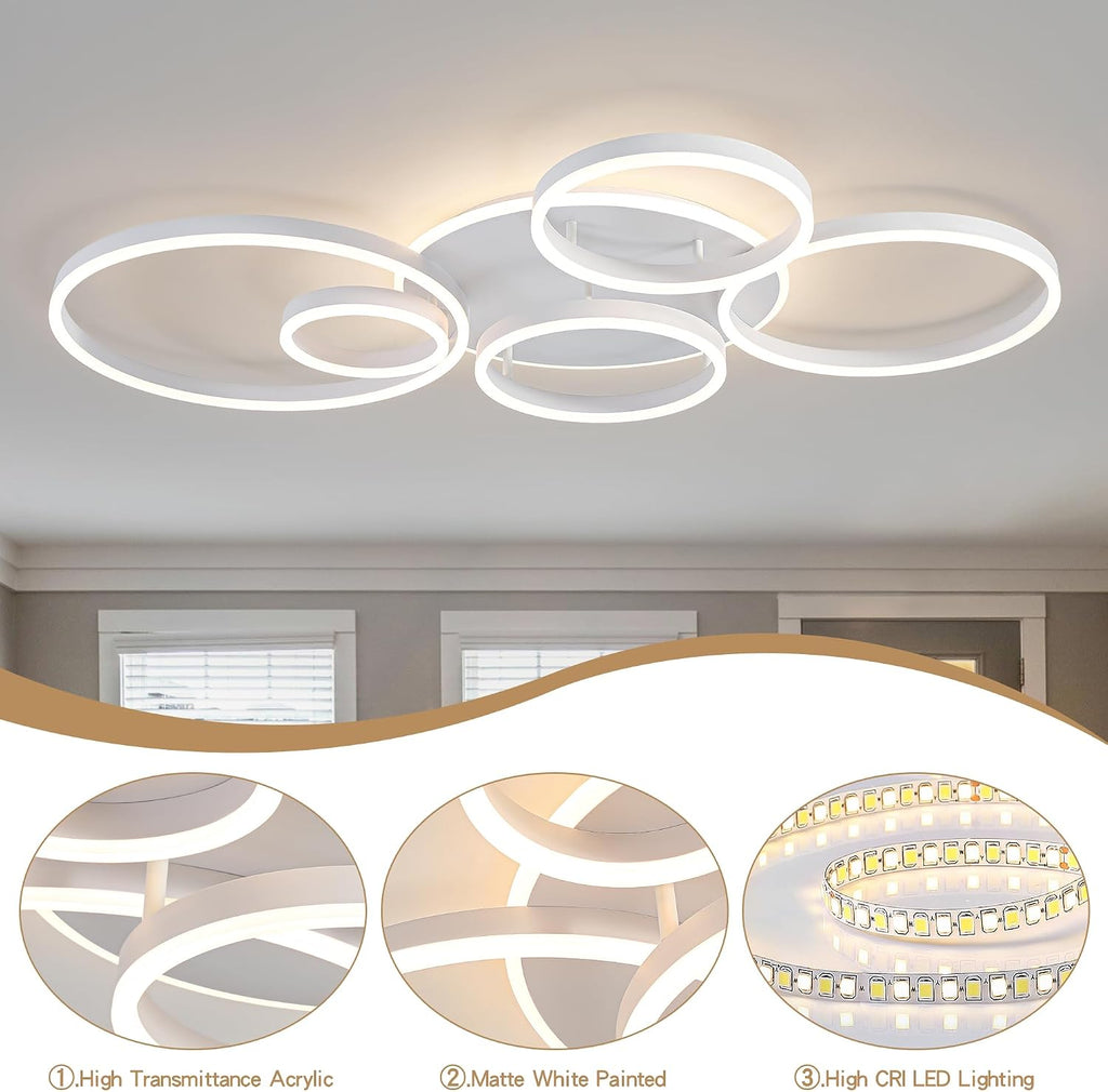 O'NEELDY Modern LED Ceiling Light White Flush Mount Ceiling Lights Fixtures Dimmable 47' Dining Room Light Fixture with Remote 6 Rings Kitchen Lighting Fixtures Ceiling Lamp for Bedroom,Living Room
