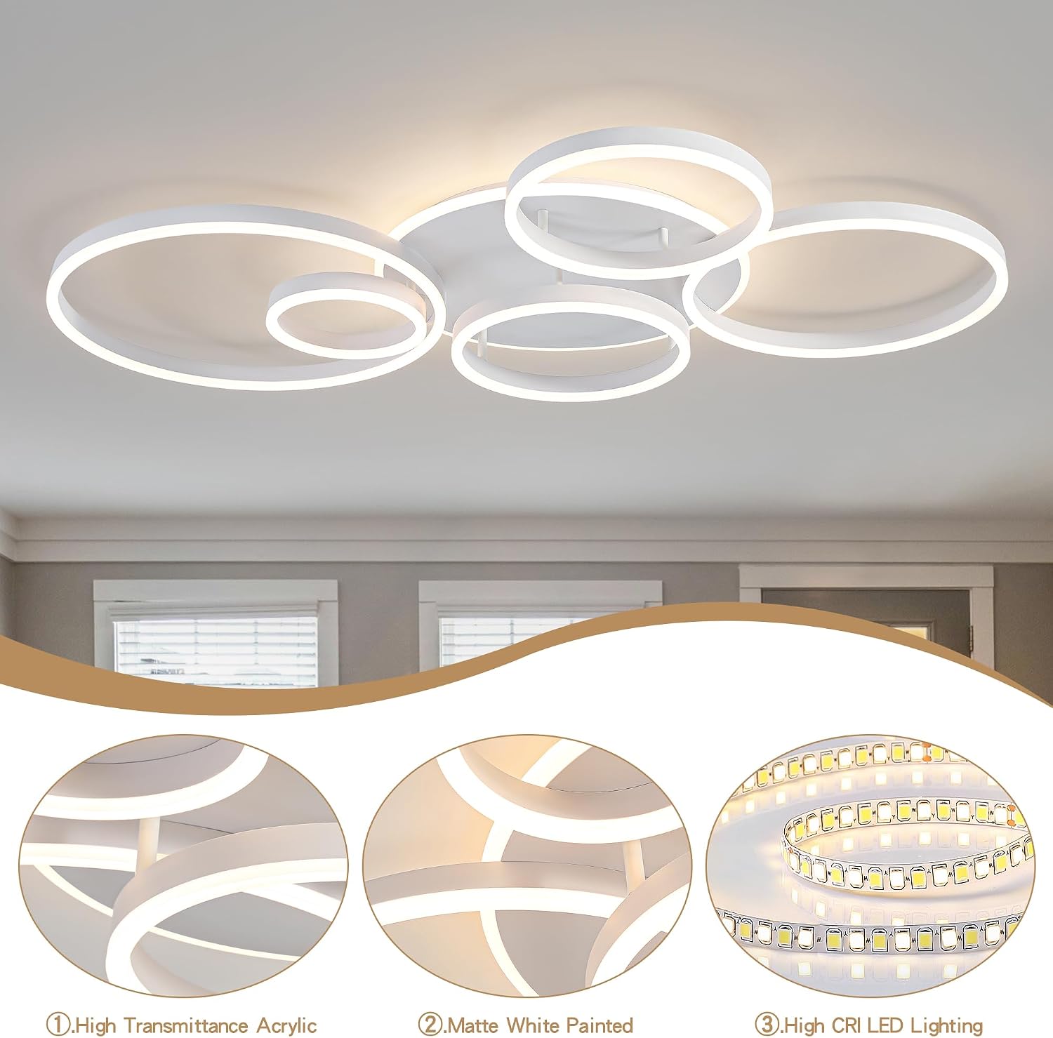 O'NEELDY Modern LED Ceiling Light White Flush Mount Ceiling Lights Fixtures Dimmable 47' Dining Room Light Fixture with Remote 6 Rings Kitchen Lighting Fixtures Ceiling Lamp for Bedroom,Living Room