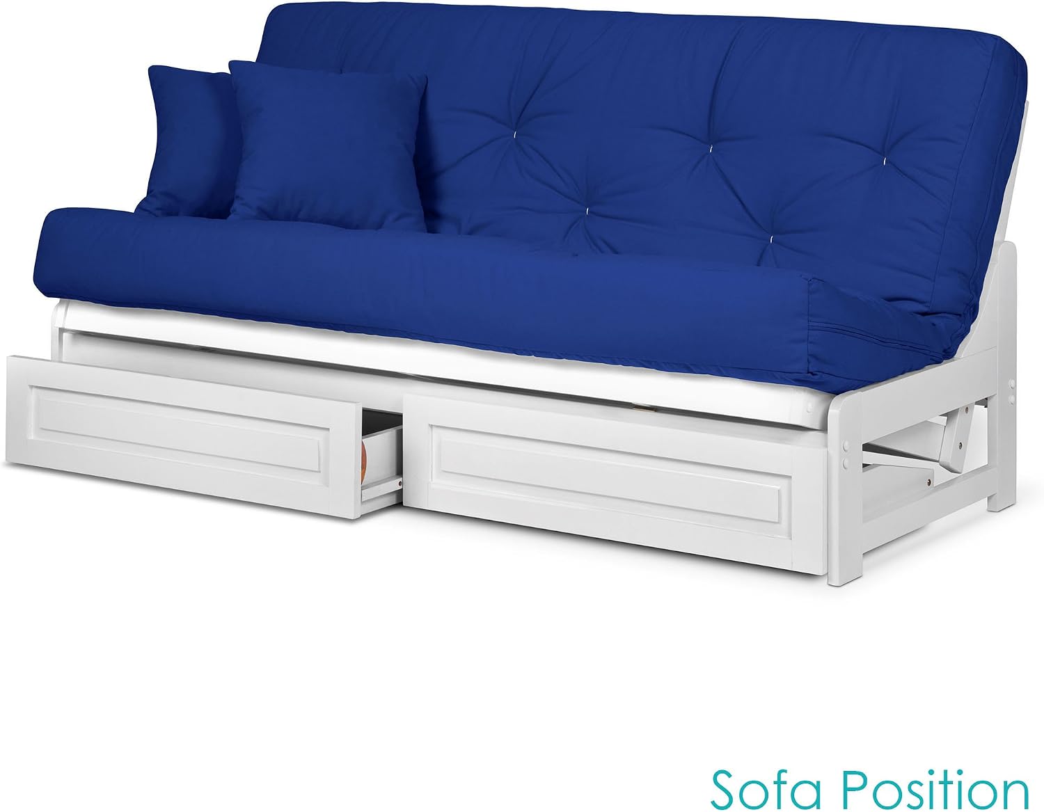 Nirvana Futons Arden White Futon with Storage Drawers Full or Queen Size - Space Saving Armless Design with Comfortable Mattress Included (Twill Royal Blue), Sofa Bed Available in
