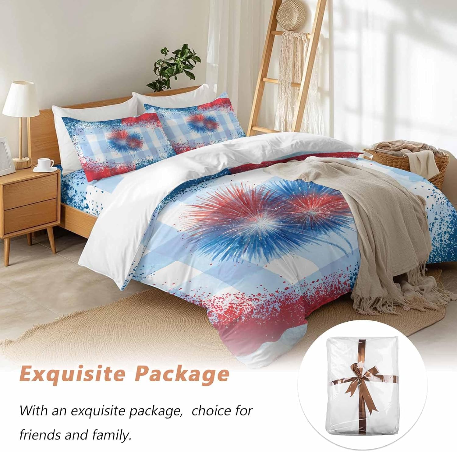 Independence Day Firework Duvet Cover Set Queen Size 4 Pieces 4th of July American Flag Blue Plaid Bedding Set with Zipper Closure, 1 Comforter Cover 92x106 Inches 1 Flat Sheet & 2 Pillow Cases