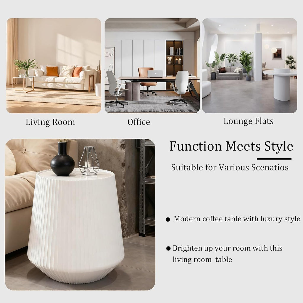 Round Living Room Table Set, 26.77' Black Drum Center Table and 19.68' White Coffee Table Set, 2 Pieces Coffee Table Set with Sintered Stone Tabletop, Fluted PU Leather Covered and Stable Base