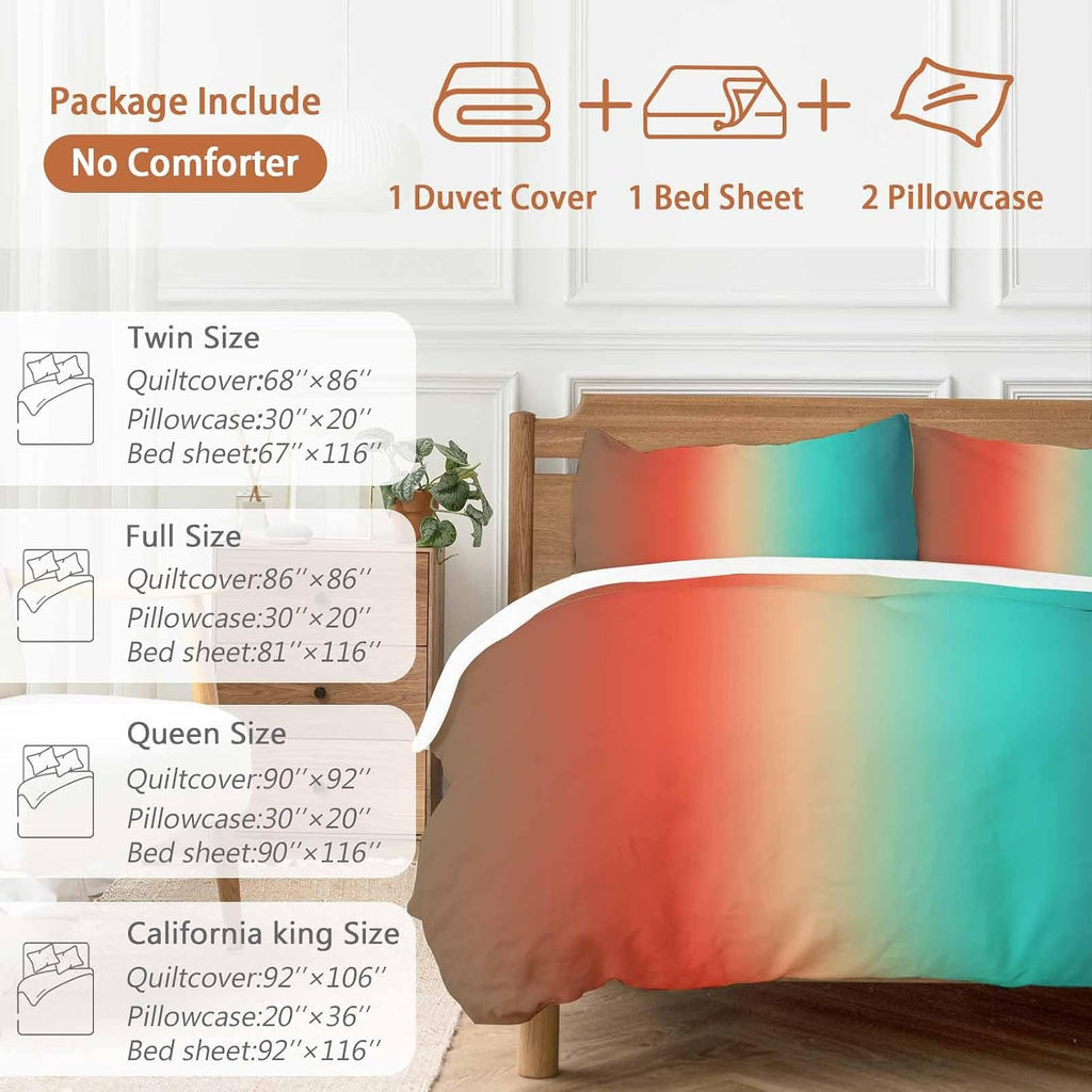 Gradient Blue Green Duvet Cover Set Queen Size 4 Pieces Modern Abstract Minimalist Orange Brown Ocean Beach Bedding Set with Zipper Closure,1 Comforter Cover 90x92 Inches 1 Flat Sheet & 2 Pillow Cases