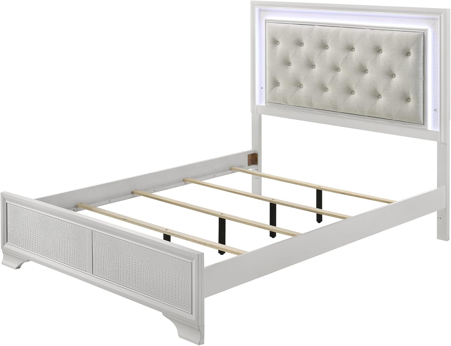 5pc Modern Crisp White Textured Finish Tufted Headboard Integrated LED Lighting Full Size Bed Set Bedroom Furniture