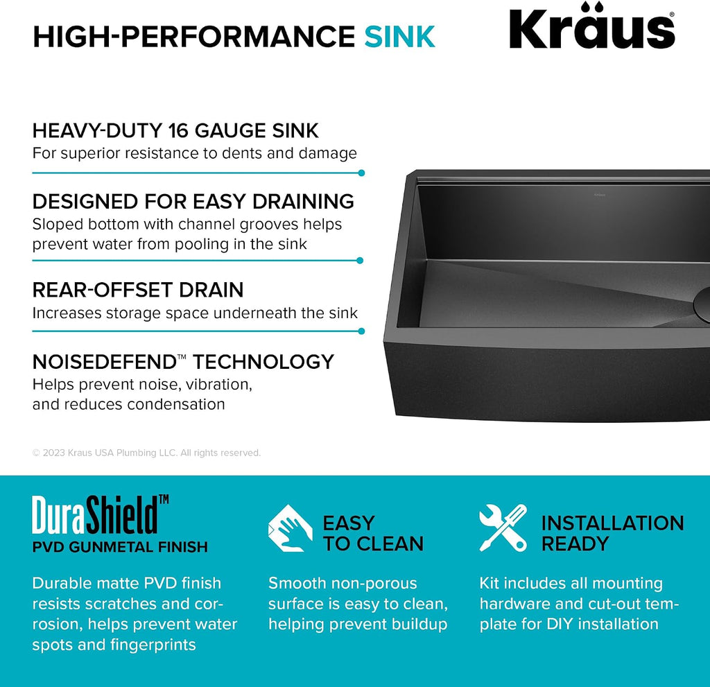KRAUS Kore Workstation 33-inch Farmhouse Apron Front 16 Gauge Black Stainless Steel Single Bowl Kitchen Sink in PVD Gunmetal Finish with Accessories, KWF210-33/PGM