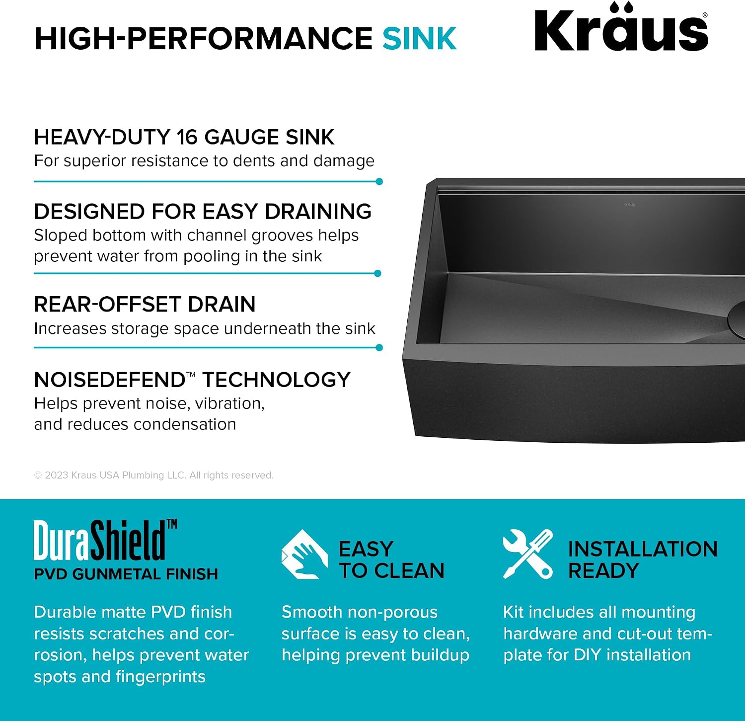 KRAUS Kore Workstation 33-inch Farmhouse Apron Front 16 Gauge Black Stainless Steel Single Bowl Kitchen Sink in PVD Gunmetal Finish with Accessories, KWF210-33/PGM