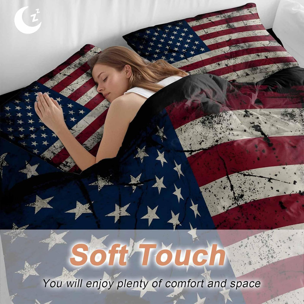 Prime Leader Independence Day Duvet Cover Set Queen Size 4 Pieces Mottled U. S. Flag Shabby Chic Vintage Bedding Set with Zipper Closure, 1 Comforter Cover 92x106 Inches 1 Flat Sheet & 2 Pillow Cases
