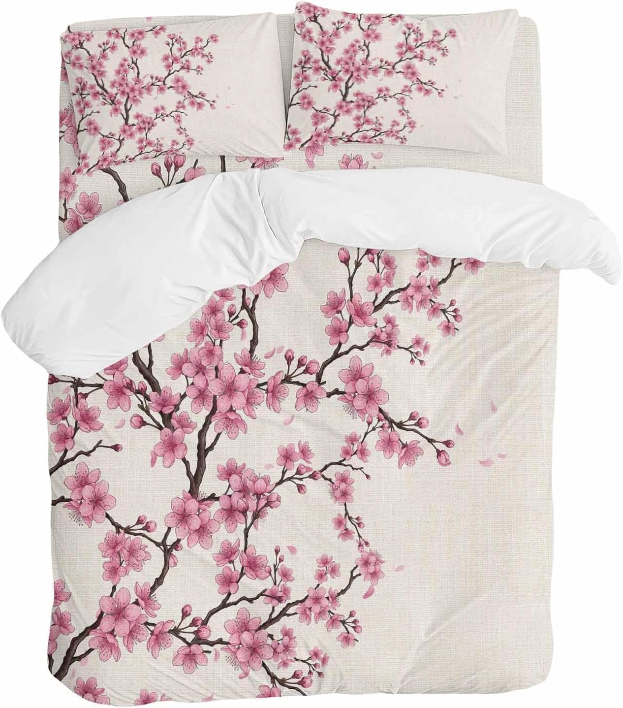 Pink Cherry Flowers Duvet Cover Set Queen Size 4 Pieces Watercolor Floral Tree Branches Linen Texture Bedding Set with Zipper Closure, 1 Comforter Cover 92x106 Inches 1 Flat Sheet & 2 Pillow Cases