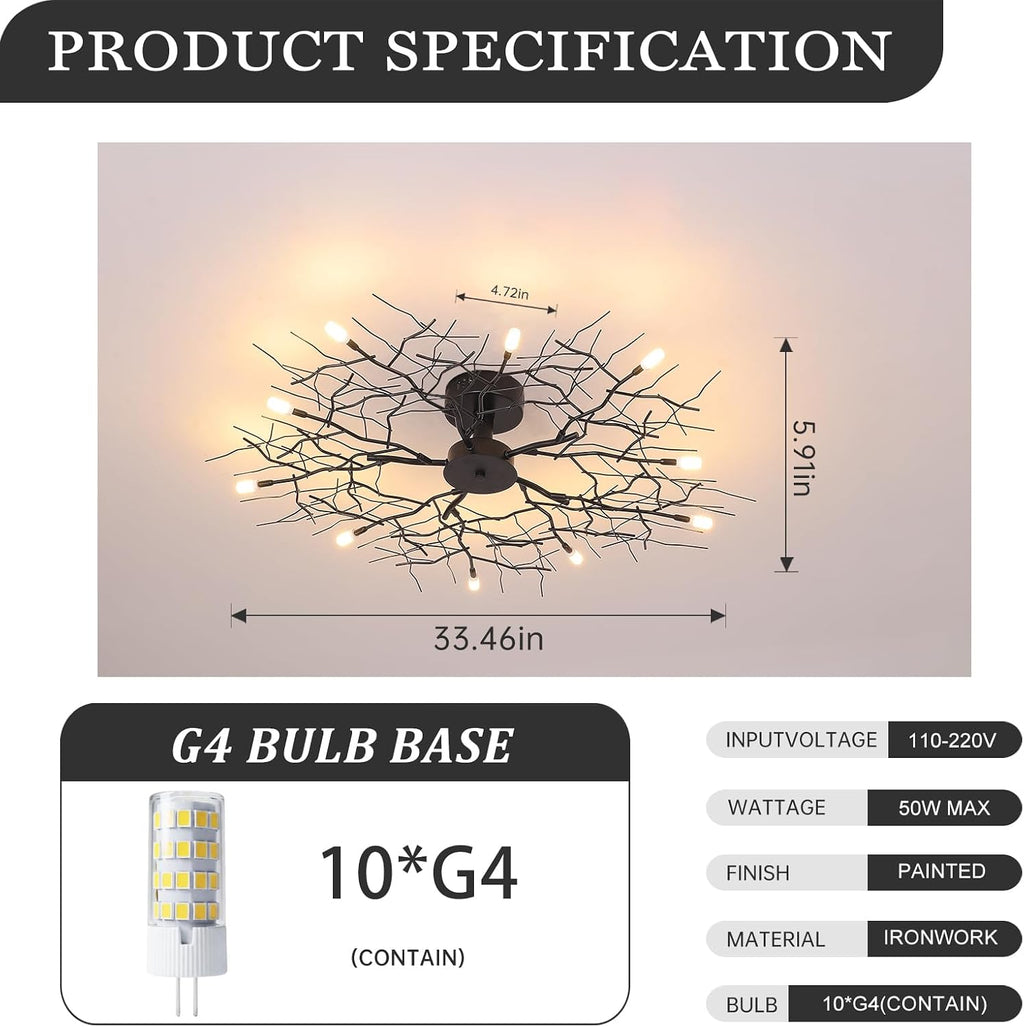 37' Large Semi Flush Mount Ceiling Light Fixture,Black Modern Chandelier with Branch Shapes,10-Lights Industrial Close to Ceiling Light Fixtures for Living Room Bedroom Kitchen Dining Room