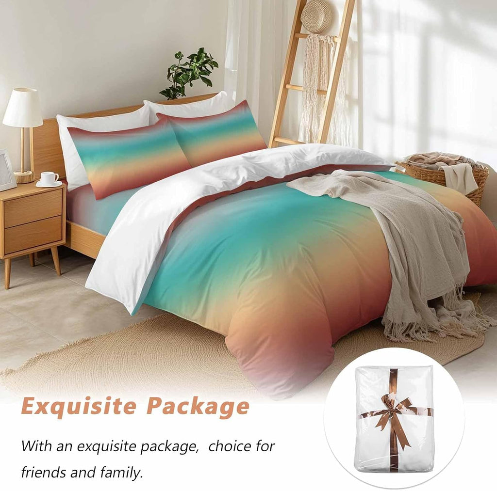Bohemian Gradient Red Duvet Cover Set Queen Size 4 Pieces Modern Minimalist Green Yellow Ocean Beach Bedding Set with Zipper Closure, 1 Comforter Cover 86x86 Inches 1 Flat Sheet & 2 Pillow Cases