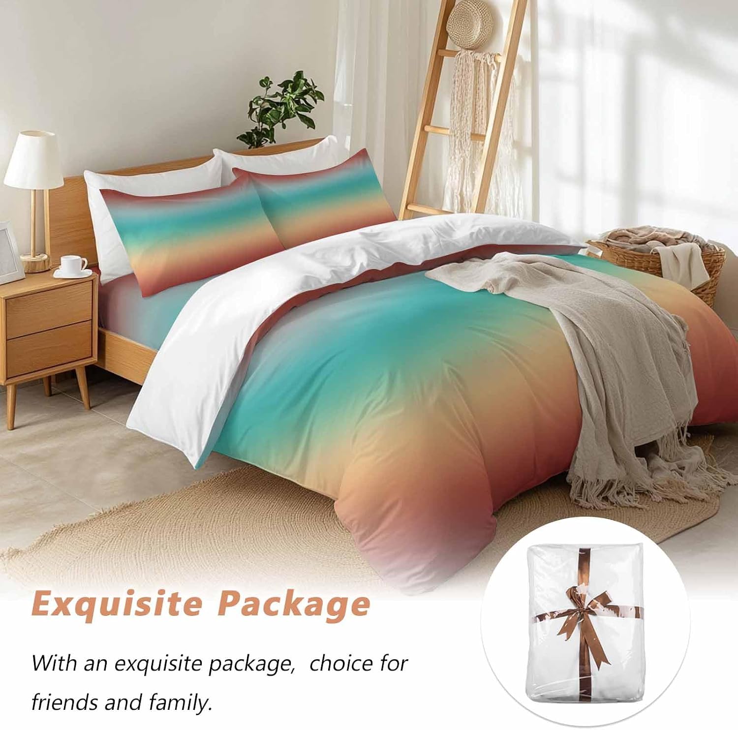 Bohemian Gradient Red Duvet Cover Set Queen Size 4 Pieces Modern Minimalist Green Yellow Ocean Beach Bedding Set with Zipper Closure, 1 Comforter Cover 90x92 Inches 1 Flat Sheet & 2 Pillow Cases