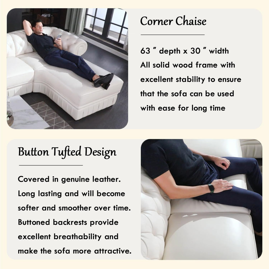 Genuine Leather Sectional Couch, L Shape Top Grain Leather Sofa with 5 Seaters for Living Room Furniture Set, Chesterfield Couches with Button Tufted Design for House/Lounge,Cream