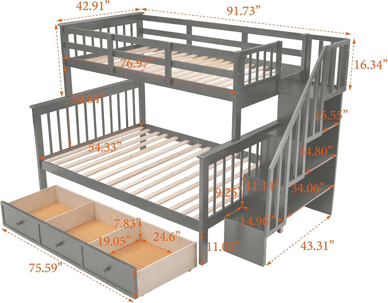Merax Twin-Over-Full Stairway Bunk Bed with Drawer, Storage and Guard Rail for Bedroom, Dorm, for Adults (Grey)