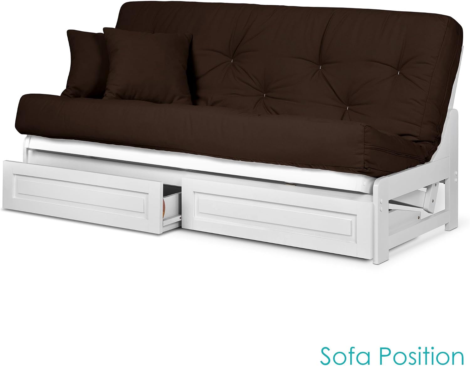 Nirvana Futons Arden Armless Futon Set with Storage Drawers - Includes White Full Size Frame and Microfiber Fudge Mattress