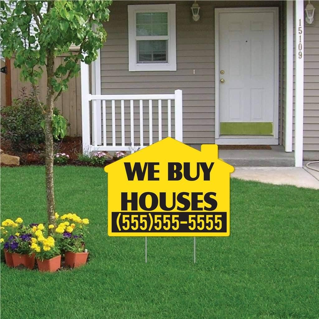 VictoryStore Custom We Buy Houses Yard Sign, 17x22 Inches Yellow Corrugated Plastic House Shaped Set of 50 Signs with Stakes