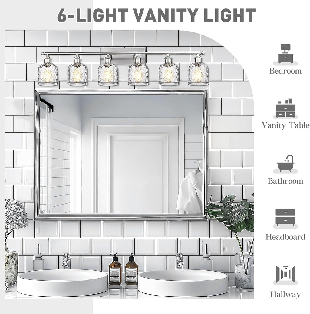 zeyu 6-Light Bathroom Wall Light Fixture, 42 Inch Modern Nickel Vanity Lighting Fixtures for Bedroom, Brushed Nickel Finish with Clear Hammered Glass, ZJF63B-6W BN