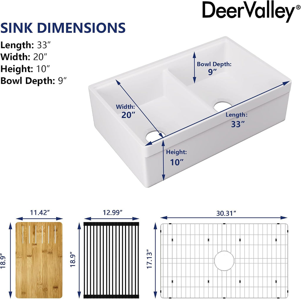 DeerValley 33 inch Workstation Kitchen Sink, White Fireclay Farmhouse Sink, Double Bowl Apron Front Deep Drop-in Undermount Sink with Workstation Accessories