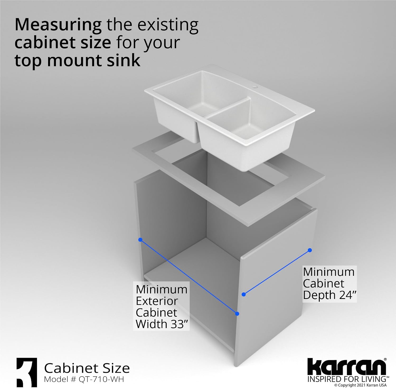 Karran QT-710 33 Inch Top Mount Double Bowl Kitchen Sink, 50/50 Low Divide Quartz Composite Drop-In Sink, Rear Drain, Heat and Scratch Resistant, White