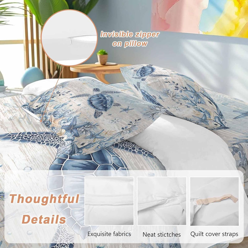 Ocean Turtles Duvet Cover Set Queen Size 4 Pieces Blue Yellow Sea Star Shell Coral Yellow Blue Stripes Bedding Set with Zipper Closure, 1 Comforter Cover 92x106 Inches 1 Flat Sheet & 2 Pillow Cases