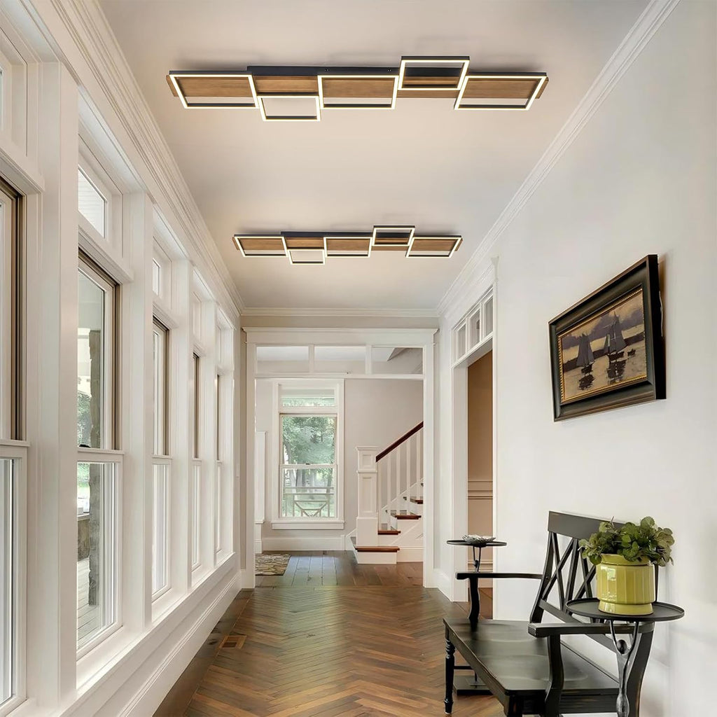 Lingkai 47.2' LED Modern Ceiling Lights Wooden Square Rectangular Lamp Fixture Wood,Large Modern Kitchen Ceiling Lighting Fixtures 3000K for Island Bedroom Living Room Hallways