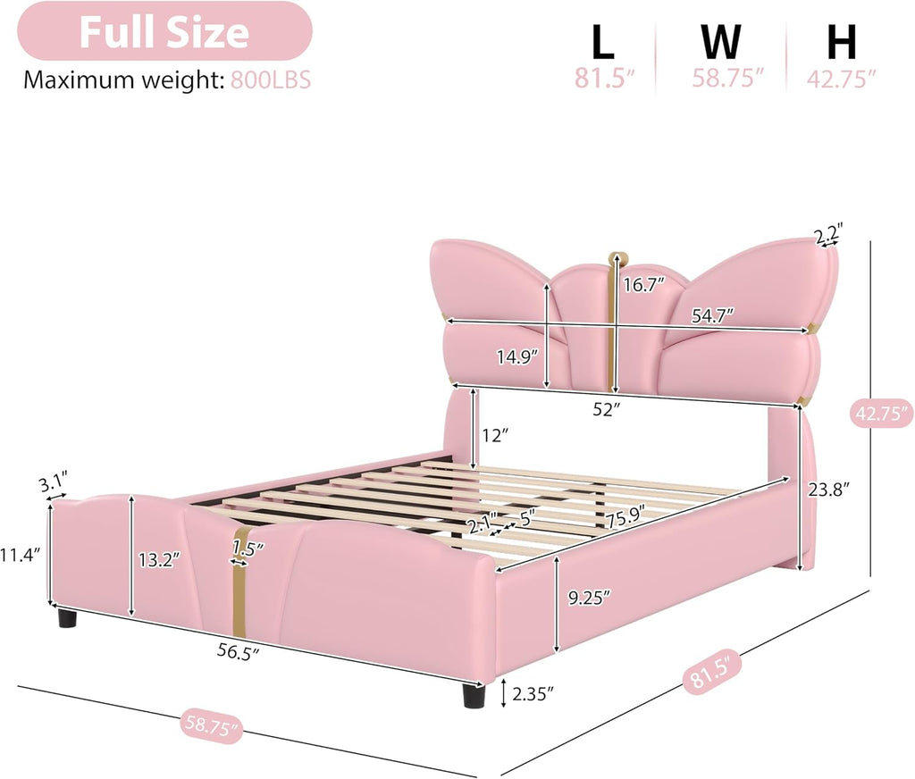 Merax PU Leather Upholstered Platform Bed with Butterfly Shaped Headboard and Footboard, Full Size Bed Frame for Bedroom, Solid Wood Slats Support, No Box Spring Needed, Easy Assembly, Light Pink