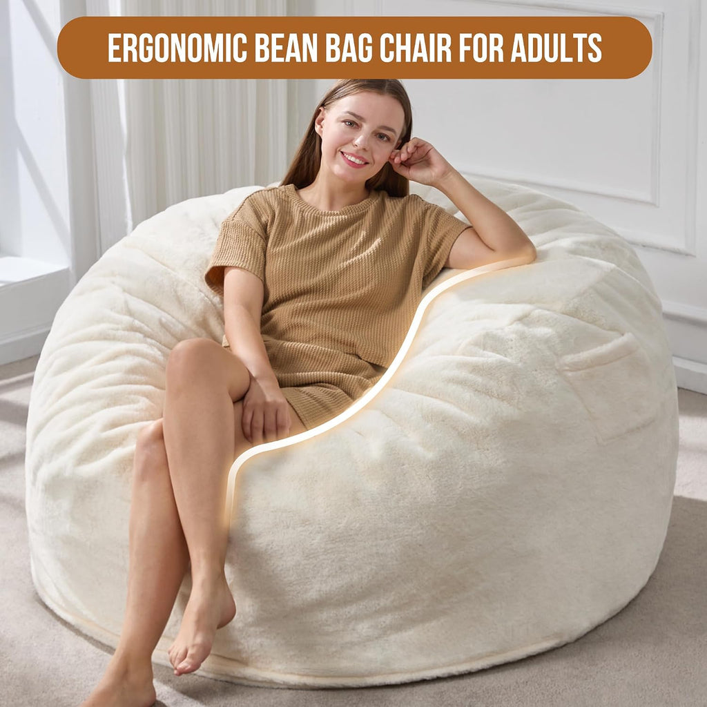 Hobestluk 5ft Bean Bag Chairs for Adults Large Beanbag Chair with Plush Faux Fur Cover Big Bean Bag Chair for Living Room Bedroom Dorm Office - White (50' x 50' x 24')