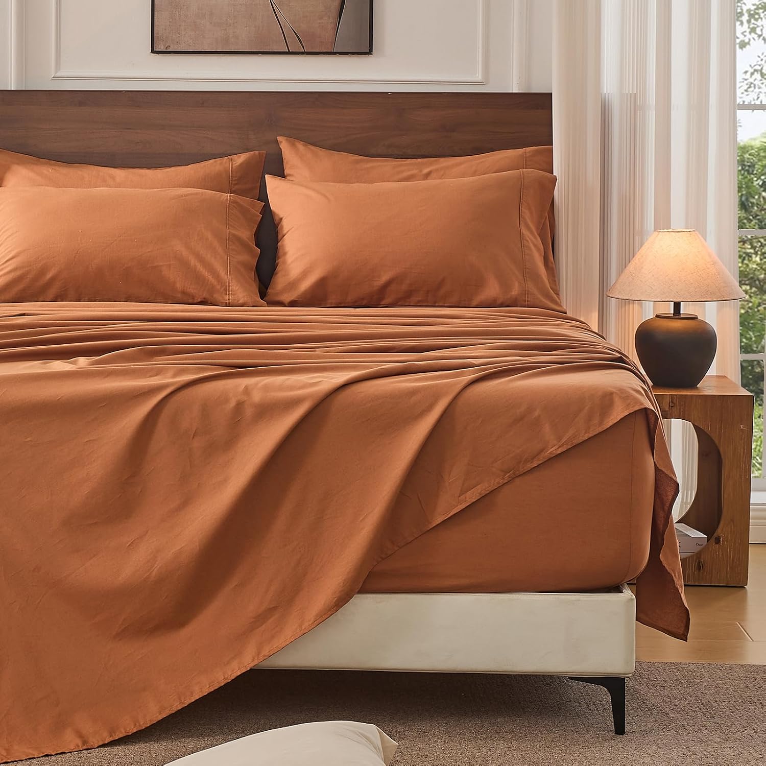 Bedlifes 100% French Linen Sheets California King Size 18-24' Extra Deep Pocket 4-Piece Set Breathable & Moisture-Wicking,Soft & Durable Sheets for Thick Mattresses(Brown)