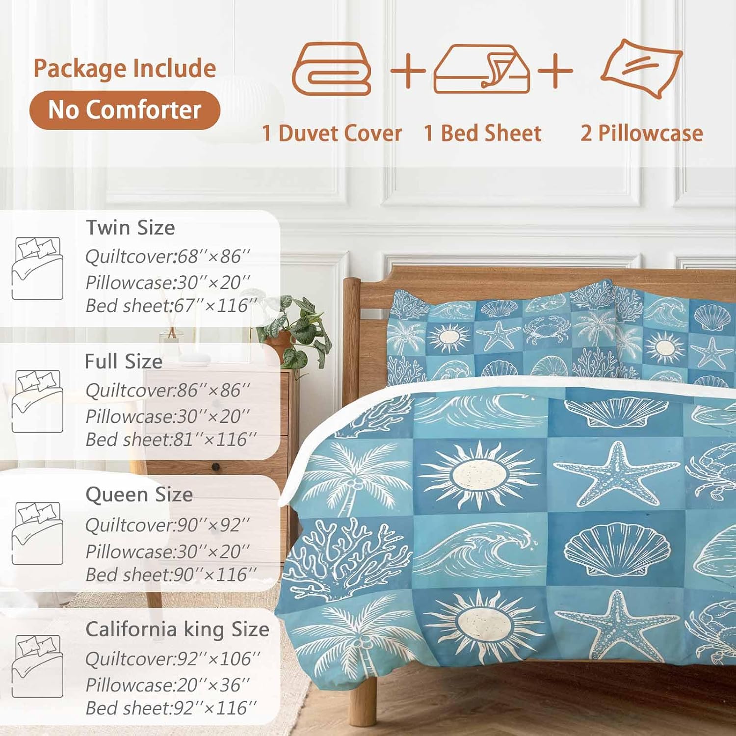 Prime Leader Blue Coastal Duvet Cover Set Queen Size 4 Pieces Summer Ocean Waves Shell Crab Coconut Tree Bedding Set with Zipper Closure, 1 Comforter Cover 92x106 Inches 1 Flat Sheet & 2 Pillow Cases