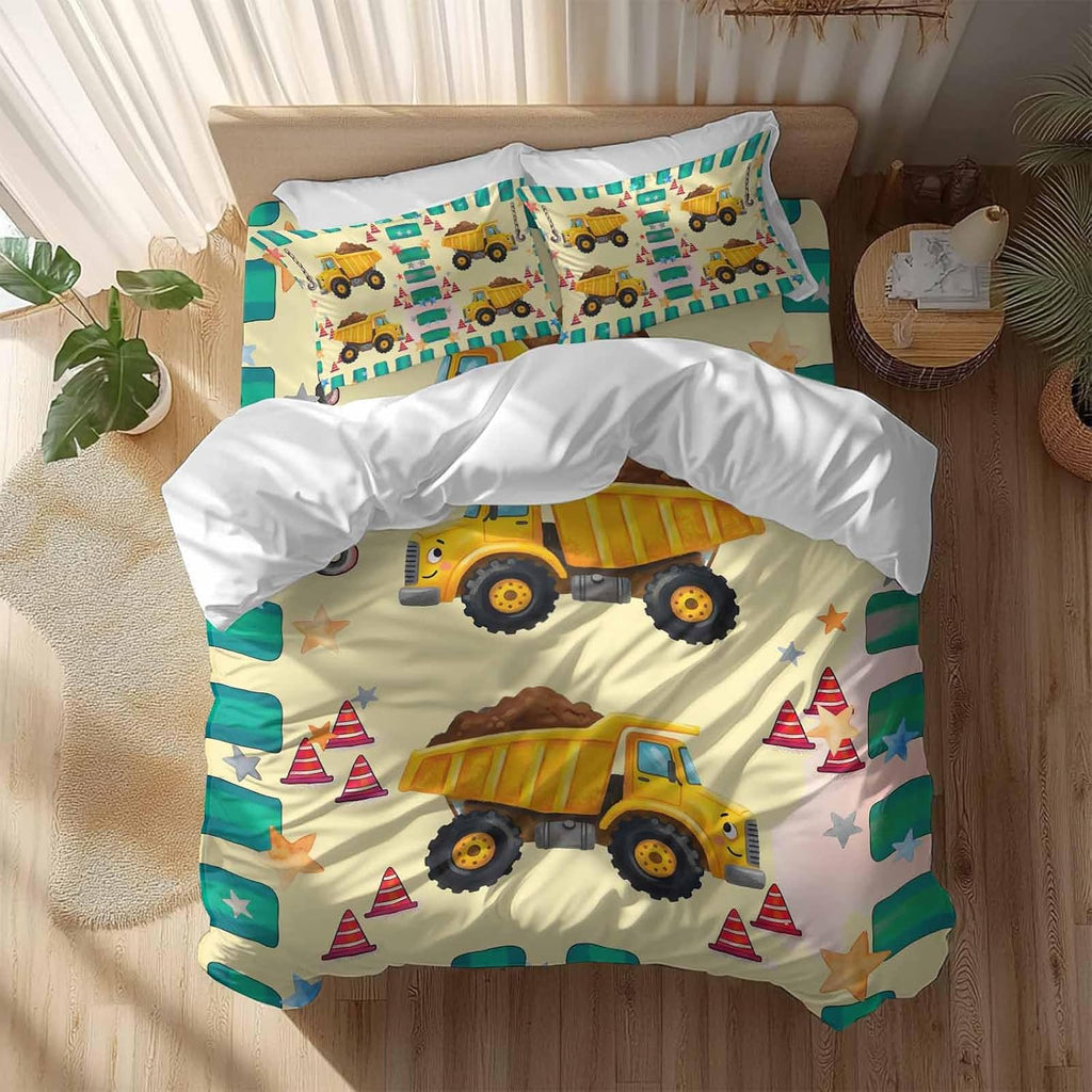 Prime Leader Cartoon Caravans Duvet Cover Set Queen Size 4 Pieces Hookups Roadblocks Stars Green Border Bedding Set with Zipper Closure, 1 Comforter Cover 86x86 Inches 1 Flat Sheet & 2 Pillow Cases