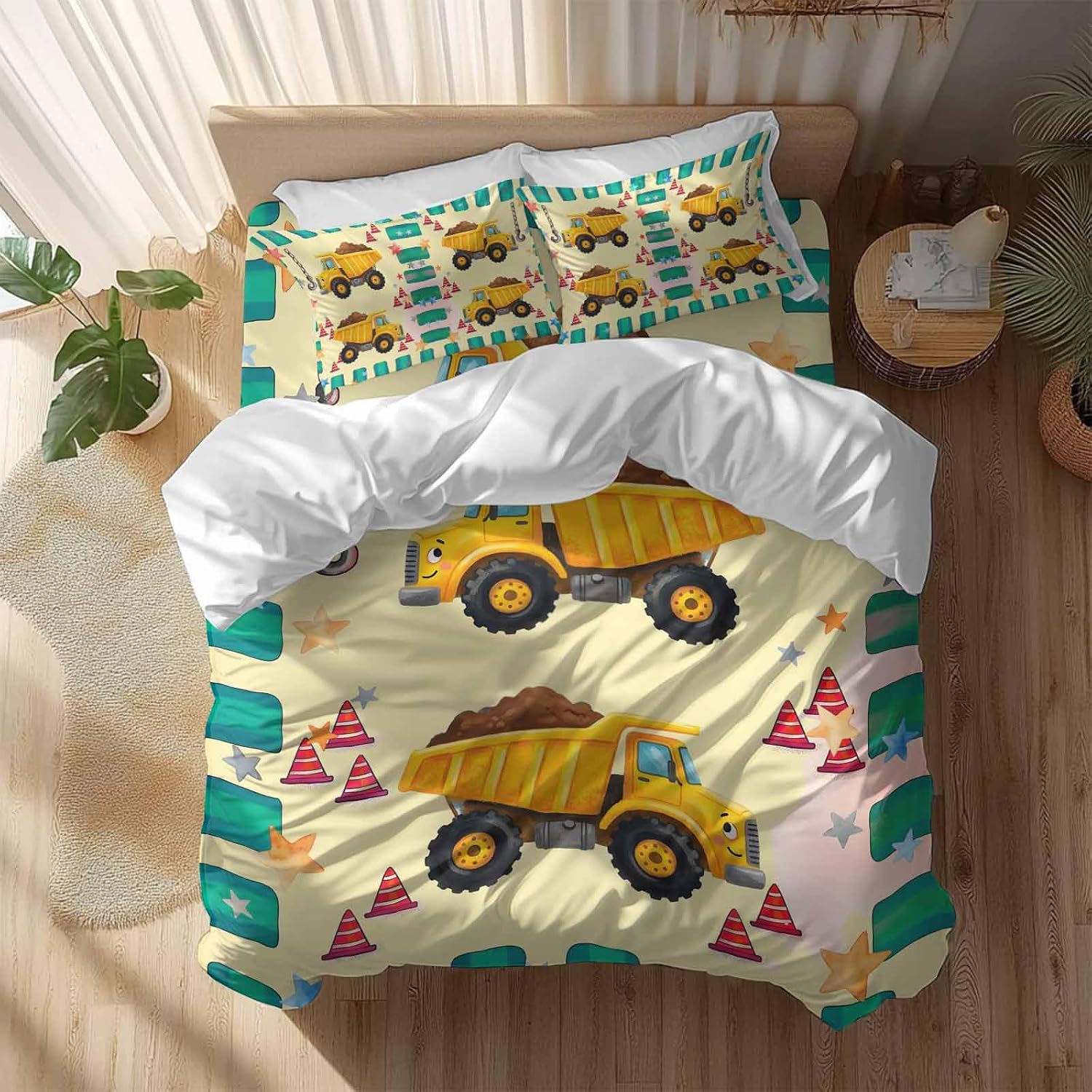 Prime Leader Cartoon Caravans Duvet Cover Set Queen Size 4 Pieces Hookups Roadblocks Stars Green Border Bedding Set with Zipper Closure, 1 Comforter Cover 86x86 Inches 1 Flat Sheet & 2 Pillow Cases