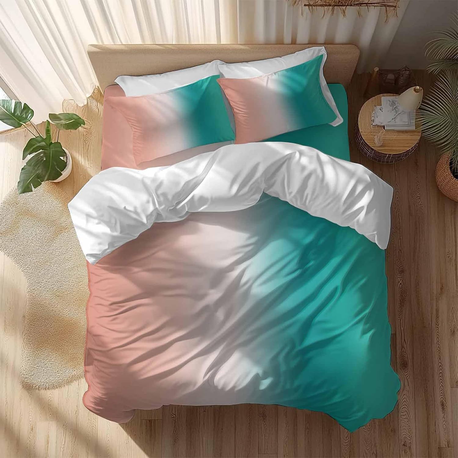 Gradient Pink Green Duvet Cover Set Queen Size 4 Pieces Modern Abstract Minimalist Orange Brown Ocean Beach Bedding Set with Zipper Closure,1 Comforter Cover 90x92 Inches 1 Flat Sheet & 2 Pillow Cases
