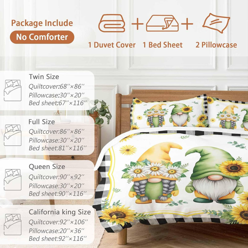 Prime Leader Summer Dwarfs Duvet Cover Set Queen Size 4 Pieces Yellow Sunflower Daisy Black Plaid Field Bedding Set with Zipper Closure, 1 Comforter Cover 92x106 Inches 1 Flat Sheet & 2 Pillow Cases