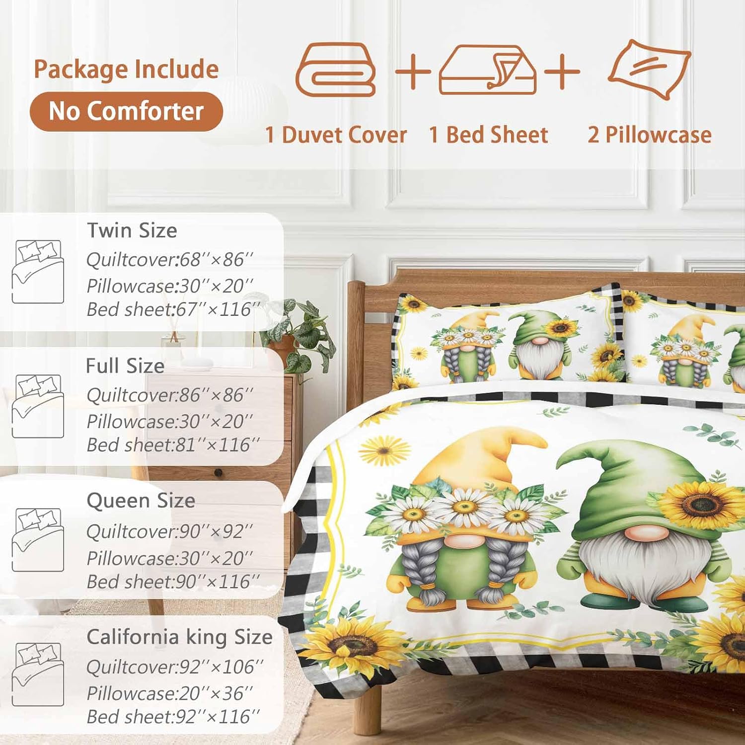 Prime Leader Summer Dwarfs Duvet Cover Set Queen Size 4 Pieces Yellow Sunflower Daisy Black Plaid Field Bedding Set with Zipper Closure, 1 Comforter Cover 92x106 Inches 1 Flat Sheet & 2 Pillow Cases