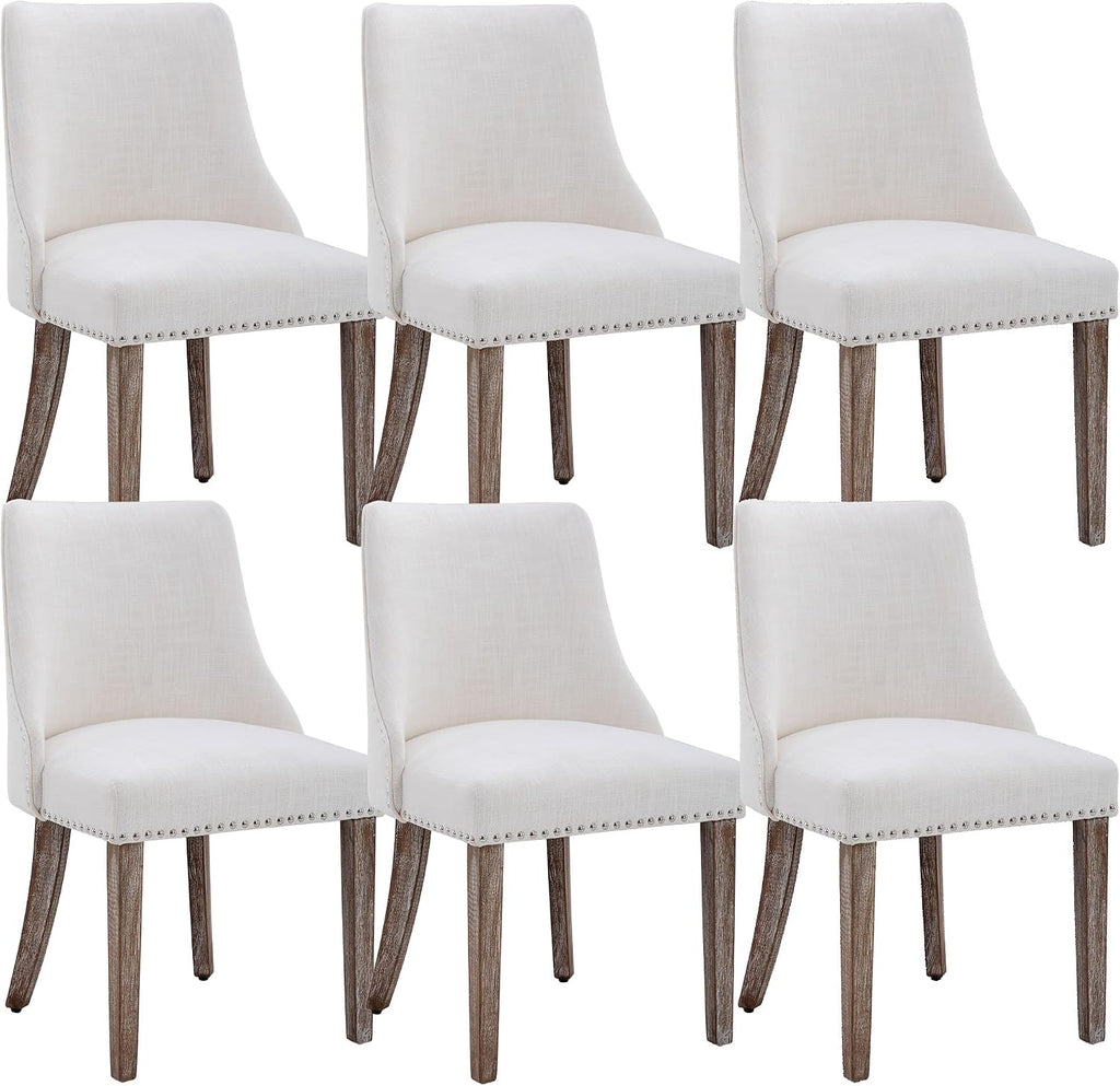 Mid Century Modern Dining Chairs Set of 6 Farmhouse Accent Chairs Upholstered Linen Fabric Side Chair for Living Room/Dining Room/Bedroom, Cream