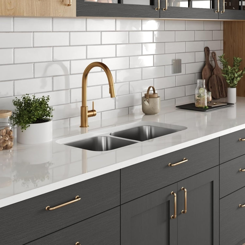 DeerValley 32 Inch Undermount Double Bowl Kitchen Sink 50/50 18 Gauge Stainless Steel Kitchen Sink Spacious Double Basin Design Sinks with Basket Strainer Undermount Sinks for Modern Kitchens