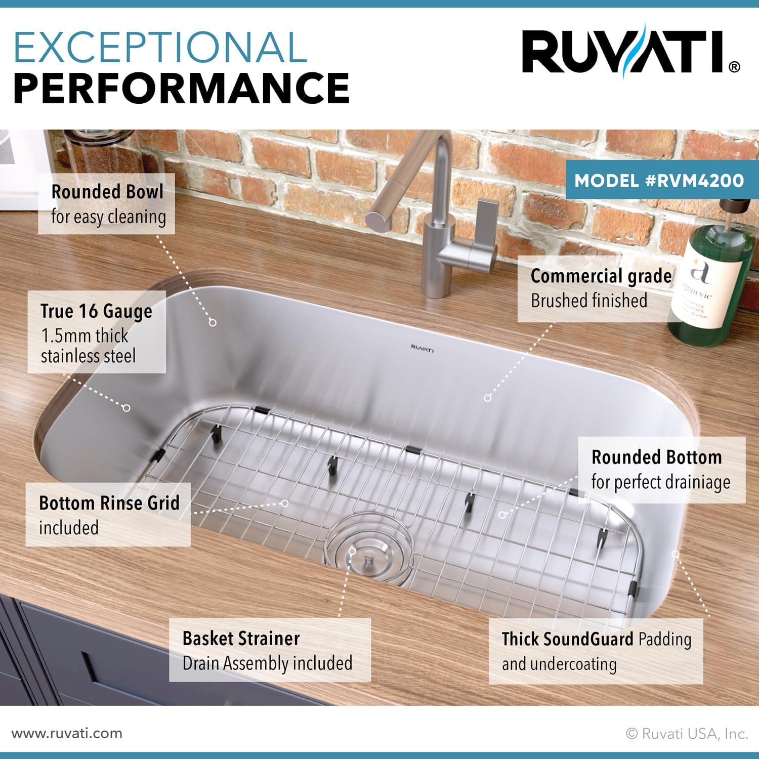 Ruvati 32-Inch Undermount Single Bowl Kitchen Sink – 16 Gauge Stainless Steel Kitchen Sink, Brushed Finish, Soundproof Padding – RVM4200 - Undermount Sinks for Modern Kitchens