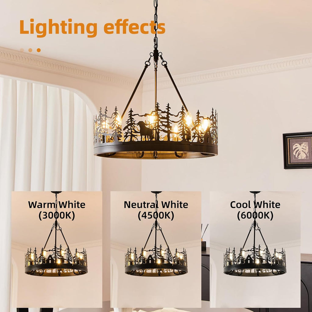 9-Light Rustic Farmhouse Chandelier, Black Wagon Wheel Pendant Light Fixture 23.6' Round Vintage Bear Chandelier for Dining Room Living Room Kitchen