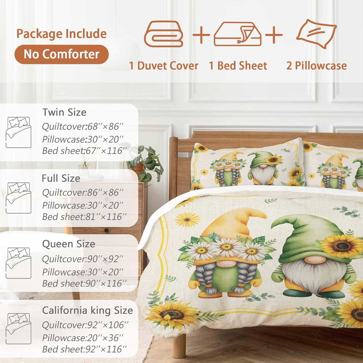 Summer Dwarfs Duvet Cover Set Queen Size 4 Pieces Yellow Sunflower Daisy Field Plant Vintage Bedding Set with Zipper Closure, 1 Comforter Cover 92x106 Inches 1 Flat Sheet & 2 Pillow Cases