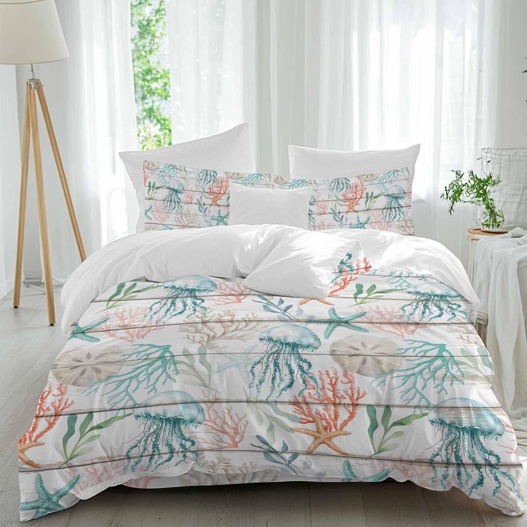 Prime Leader Teal Jellyfish Starfish Duvet Cover Set Queen Size 4 Pieces Summer Beach Coral Shell Board Bedding Set with Zipper Closure, 1 Comforter Cover 90x92 Inches 1 Flat Sheet & 2 Pillow Cases