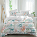 Prime Leader Teal Jellyfish Starfish Duvet Cover Set Queen Size 4 Pieces Summer Beach Coral Shell Board Bedding Set with Zipper Closure, 1 Comforter Cover 90x92 Inches 1 Flat Sheet & 2 Pillow Cases