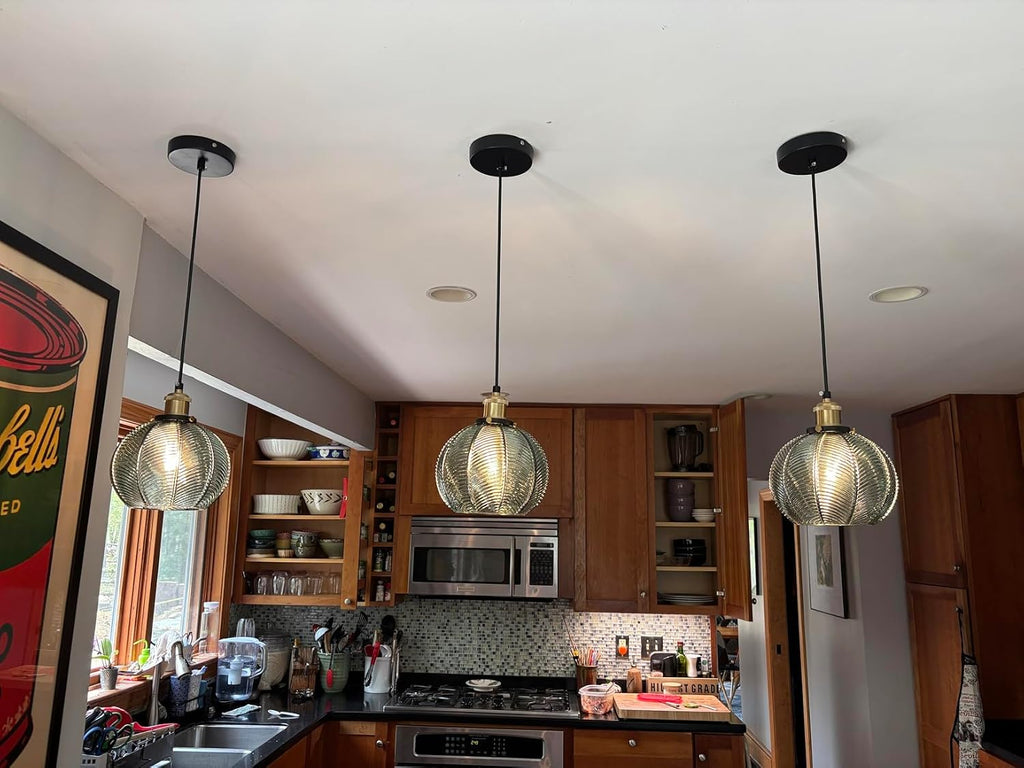 7.8in Vintage Pendant Light 2- Light Kitchen Sink Pendant Lights with Green Hand Blown Glass Small Hanging Lamp for Kitchen Island Dining Room Bedroom Bathroom Hallway E26