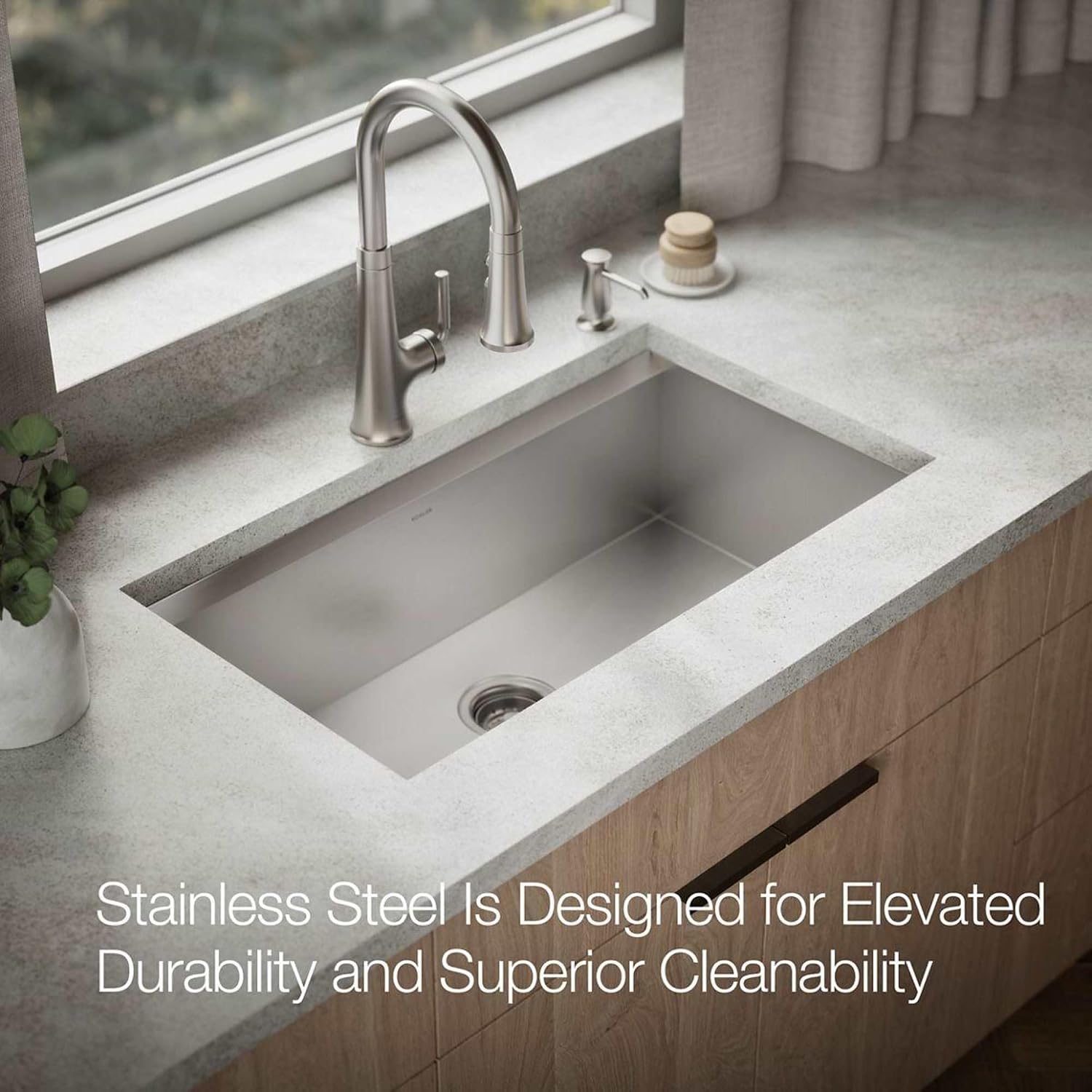 KOHLER 80084-2PC-NA Task™ 33' Top-/Undermount Single-Bowl Workstation Sink, Includes Kitchen Sink Accessories, Stainless Steel, 2 Faucet Holes