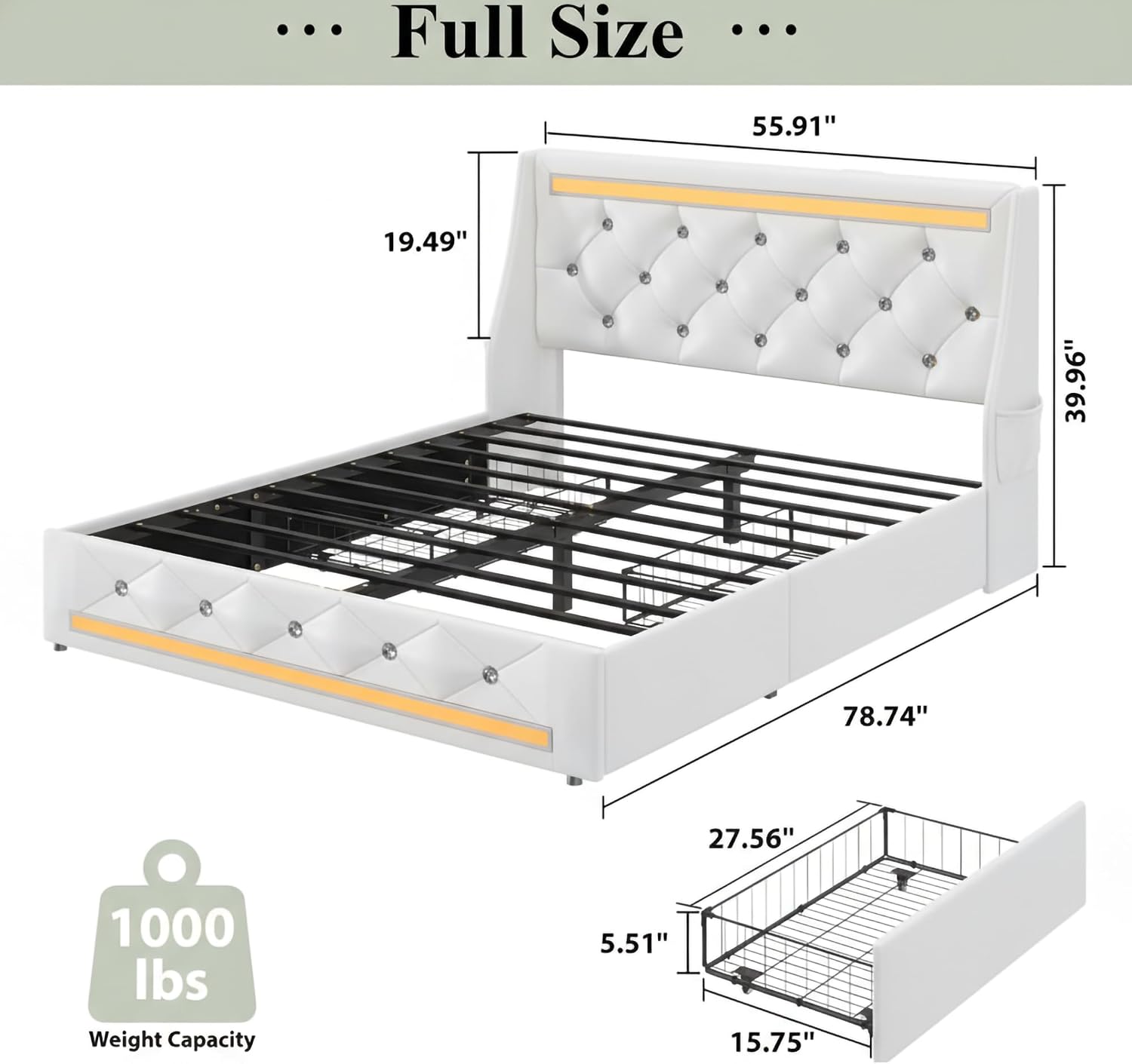 Full Bed Frame with Storage Drawers and LED Lights/Charging Station, Modern Diamond Upholstered Platform Bed with Wingback Headboard, Wooden Slats Support, No Box Spring Needed (White, Full)