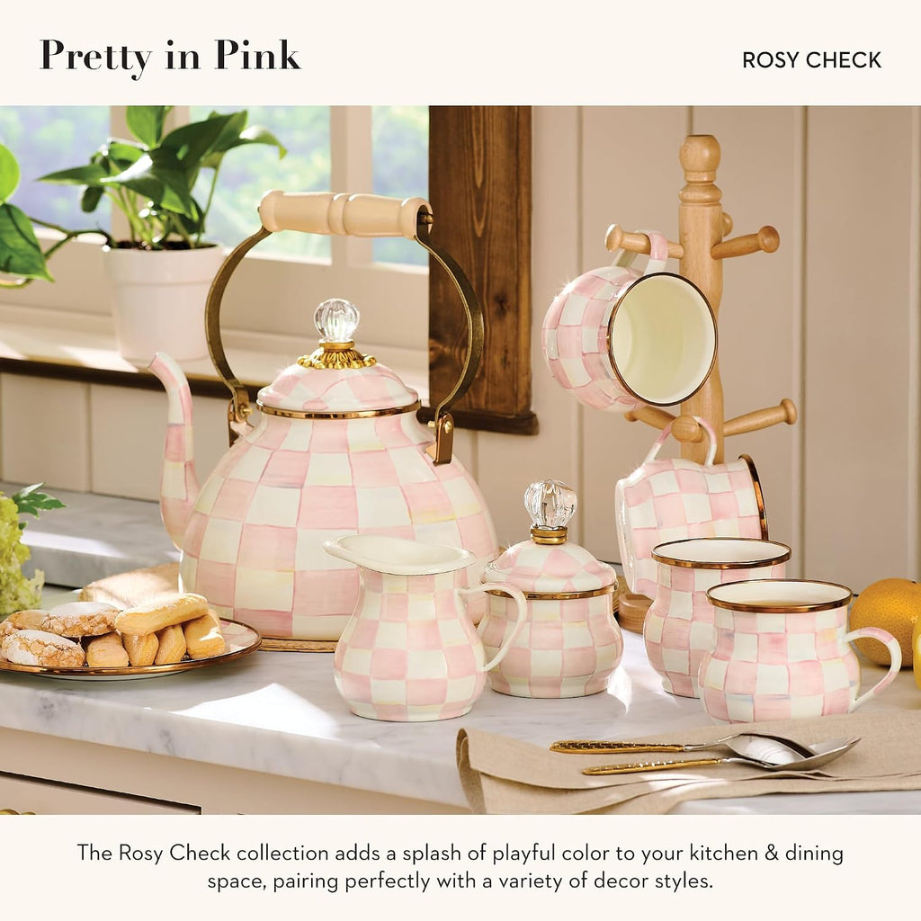 MACKENZIE-CHILDS Enamel Creamer and Sugar-Bowl Set, Cream Dispenser and Sugar Holder, Unique Kitchen Decor, Pink-and-White Rosy Check