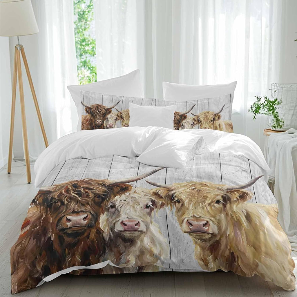 Farm Highland Cattles Duvet Cover Set Queen Size 4 Pieces Farmhouse Brown Cow Country Gray Wood Grain Bedding Set with Zipper Closure, 1 Comforter Cover 92x106 Inches 1 Flat Sheet & 2 Pillow Cases