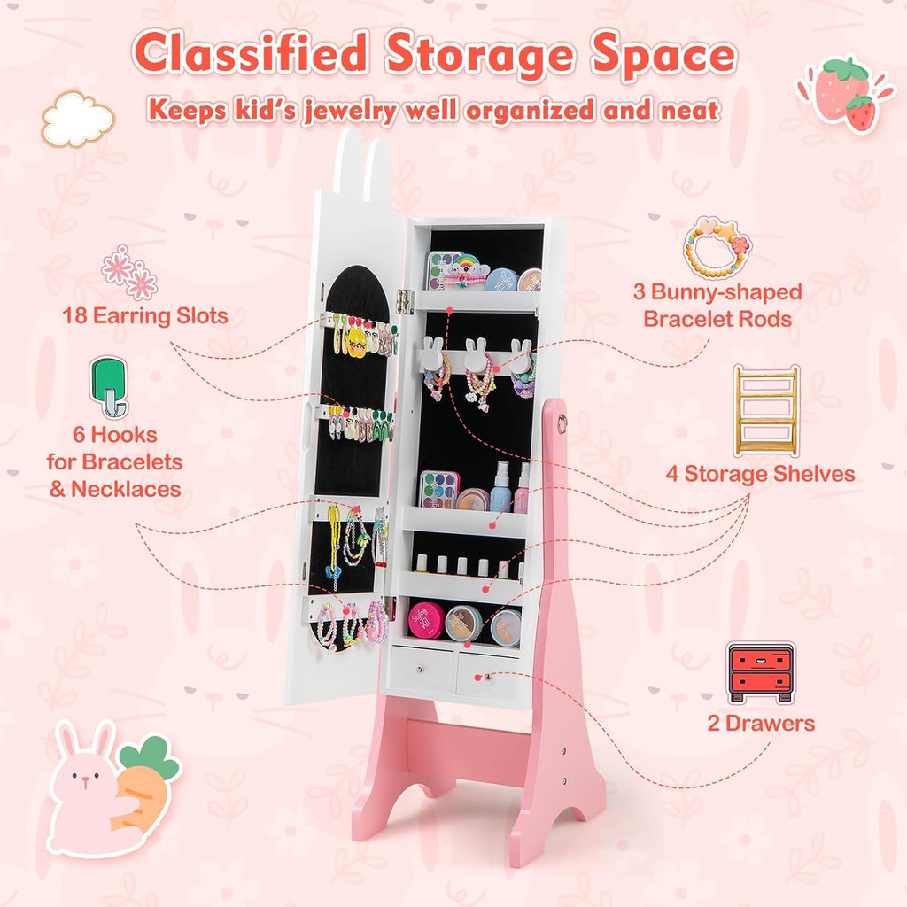 GLACER Kids Vanity & Jewelry Armoire, Princess Dressing Table and Chair Set, Wood Kids Dress Up Storage with Full-Length Mirror, 2 Adjustable Tilt Angles, Kids Bedroom Furniture Set for Girls (White)