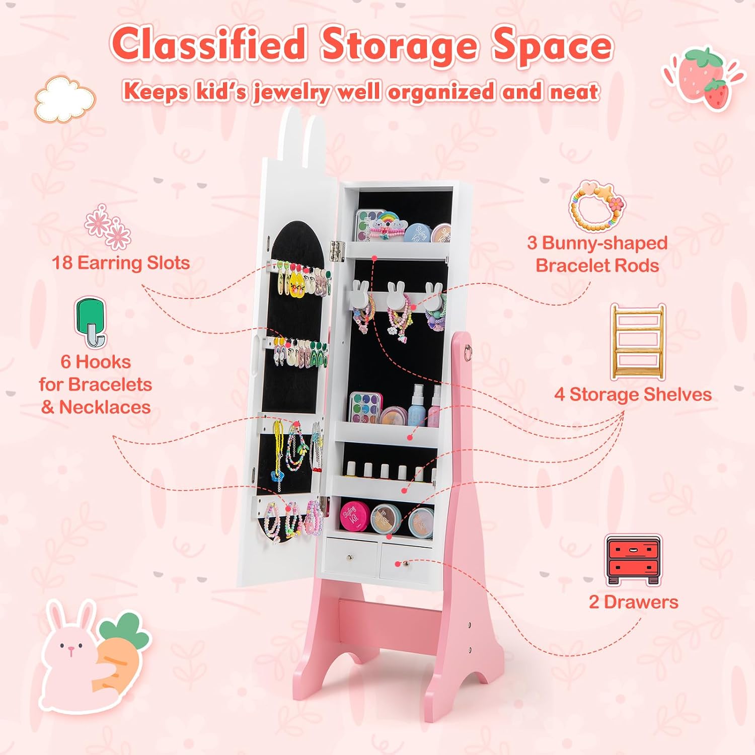 GLACER Kids Vanity & Jewelry Armoire, Princess Dressing Table and Chair Set, Wood Kids Dress Up Storage with Full-Length Mirror, 2 Adjustable Tilt Angles, Kids Bedroom Furniture Set for Girls (White)